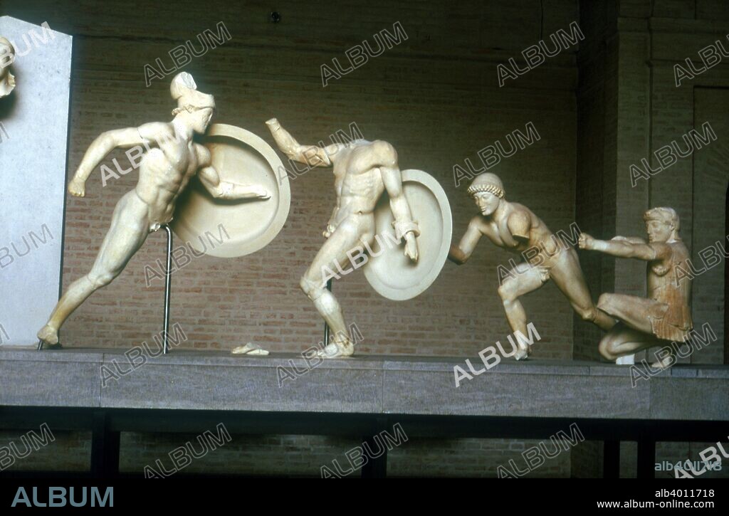 Reconstruction of part of the East Pediment of the Temple of Aphaia, Aegina, Greece, c500-480 BC. This item is now in the Munich Glyptothek Germany.