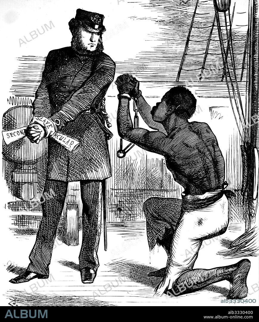 Slavery cartoon, Men and Brothers!! Fugitive slave. 'Take these off!'.