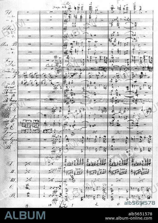 Bruckner, Anton; Komponist; 1824-1896. Werke: Symphonie Nr. 8 c-moll (1. Fassung 1884-87; 2. Fassung 1887-90; UA Wien 1892). Partitur der endgültigen Fassung, Finale, Zusammenschluß der vier Hauptthemen des Satzes.