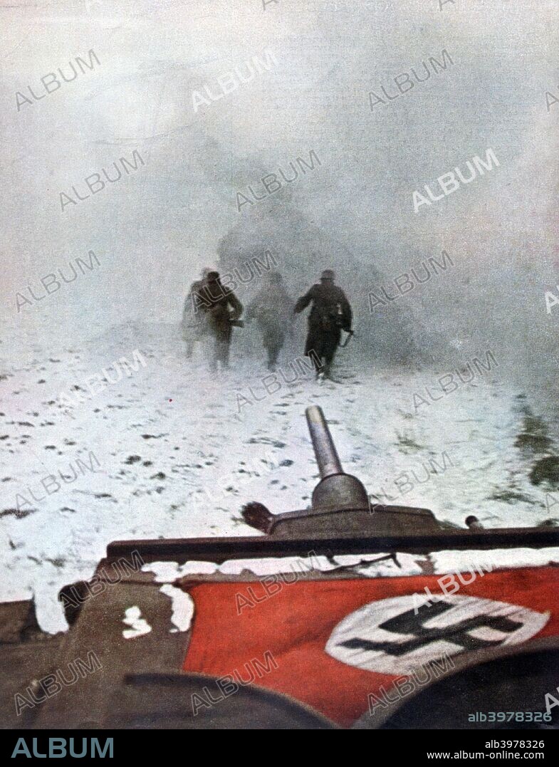 An uncertain assault, Battle of Moscow, 1942. The Battle of Moscow was fought between October 1941 and January 1942. At the outset of the battle the leading German army units had reached a point just 20 miles from the centre of the Soviet capital, but were stopped by a combination of exhaustion and the onset of bitterly cold weather. The Russians then proceeded to launch a counter-offensive with fresh troops, many of them Siberians used to the harsh winter conditions. By the battle's conclusion, the Germans had been forced back  up to 150 miles from Moscow, their first major retreat of the war. A print from Signal, 1942. Signal was a magazine published by the German Third Reich from 1940 through 1945.