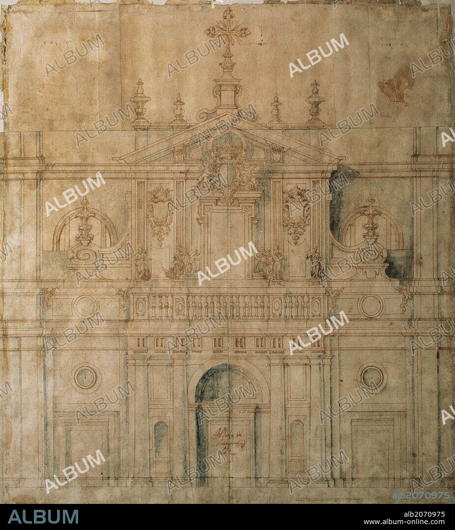 ALBERTO DE CHURRIGUERA. CHURRIGUERA, Alberto (1676-1740). Arquitecto español. ALZADO DE LA FACHADA DE LA CATEDRAL DE VALLADOLID Siglo XVIII. Sección de planos. Papel. 680 x 620 mm. Archivo Diocesano y Catedralicio de Valladolid. Castilla-León. España.