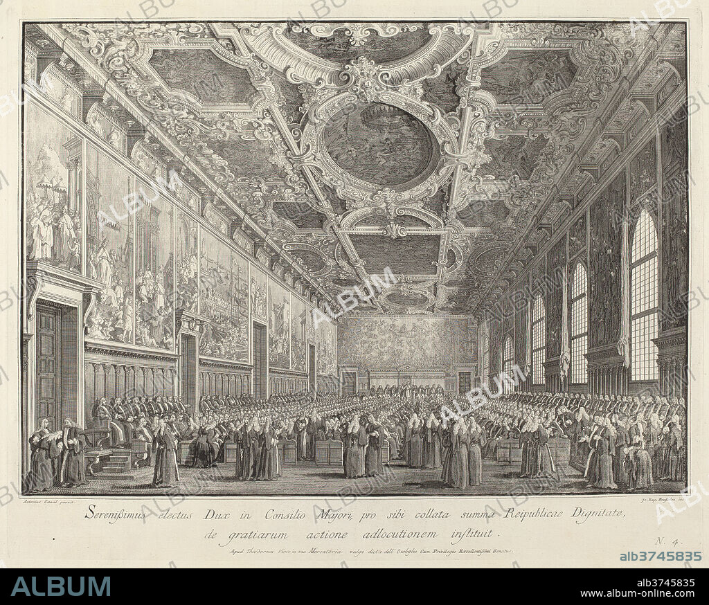 GIOVANNI BATTISTA BRUSTOLON AFTER CANALETTO. The Doge Returns Thanks in the Sala del Consiglio Maggior. Dated: 1763/1766. Dimensions: plate: 46 x 56.6 cm (18 1/8 x 22 5/16 in.)  sheet: 47.6 x 68.6 cm (18 3/4 x 27 in.). Medium: etching and engraving on laid paper.