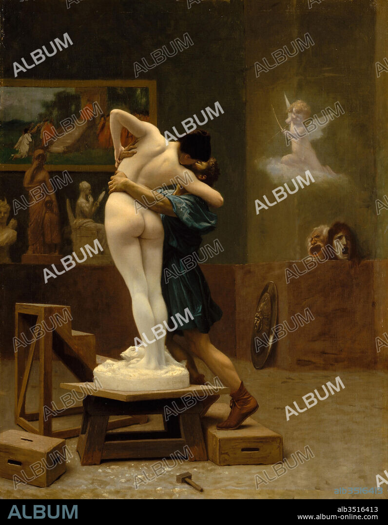 Pygmalion and Galatea, ca. 1890, Oil on canvas, 35 x 27 in. (88.9 x 68.6 cm), Paintings, Jean-Léon Gérôme (French, Vesoul 1824–1904 Paris), Between 1890 and 1892, Gérôme made both painted and sculpted variations on the theme of Pygmalion and Galatea, the tale recounted in Ovid’s Metamorphoses. All depict the moment when the sculpture of Galatea was brought to life by the goddess Venus, in fulfillment of Pygmalion’s wish for a wife as beautiful as the sculpture he created.
