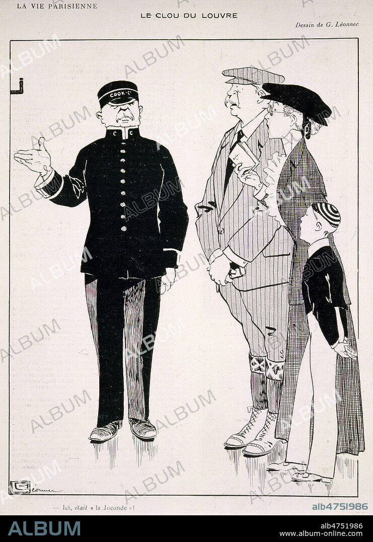 Vol de La Joconde : ' Le clou du Louvre : Ici etait La Joconde!, le guide aux visiteurs'. Caricature dans La Vie Parisienne 02/09/1911 a propos du vol de La Joconde au musee du Louvre en 1911. Credit Collection Kharbine Tapabor.