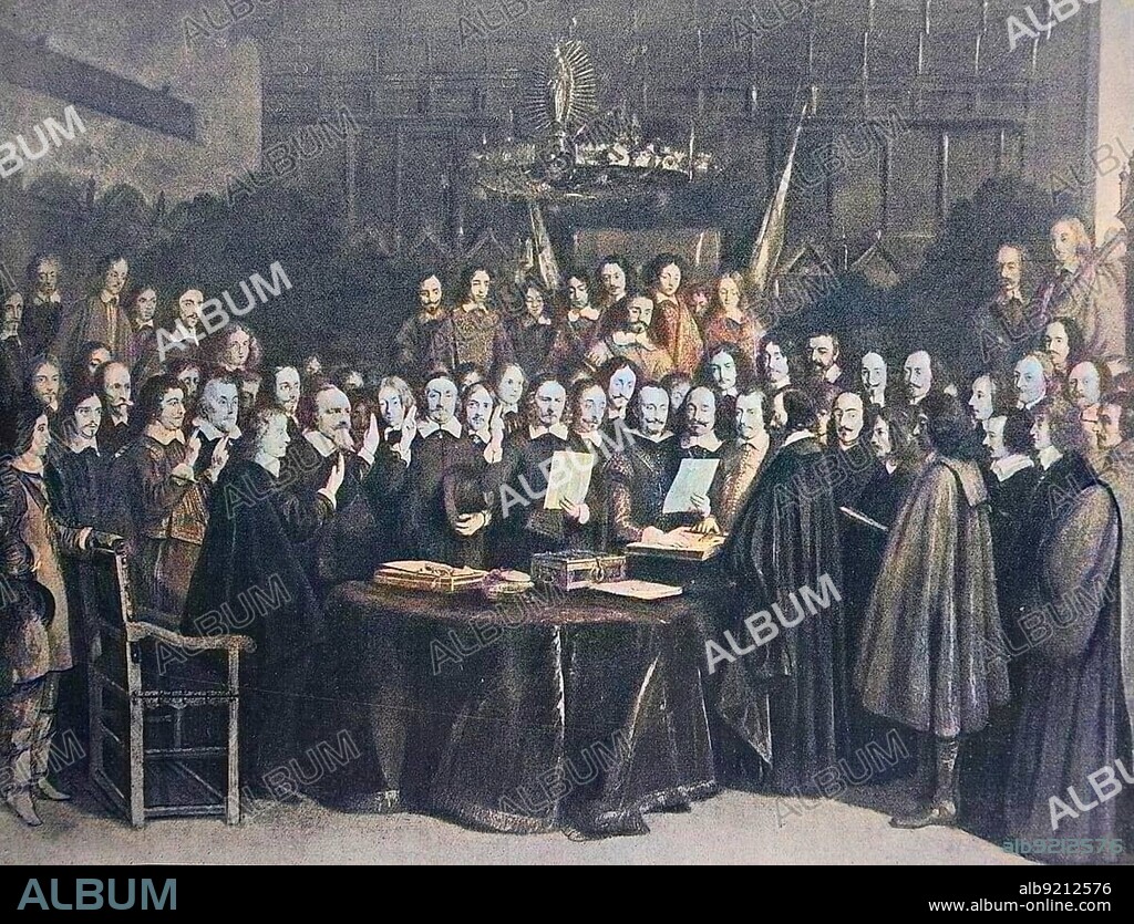 The Treaty of Münster or Peace of Westphalia, The Swearing of the Oath of Confirmation of the Treaty of Münster 1648, Germany, Historical, digitally restored reproduction of a 19th century original