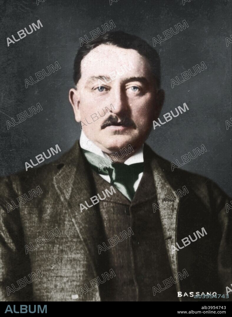 'Cecil Rhodes', (1853-1902), English-born South African entrepreneur and statesman, 1894-1907. Rhodes made his fortune in the Kimberley diamond mines, and formed De Beers Consolidated Mines in 1888. As Managing Director of the British South Africa Company, he administered a territory roughly equivalent to the modern nation of Zimbabwe (previously known as Rhodesia after Rhodes). Rhodes became Prime Minister of the Cape Colony in 1890, but resigned in 1896 when his role in instigating the Jameson Raid into the Transvaal came to light In his will he left funds to found the Rhodes Scholarships at Oxford University for Germans and Americans. From Ogden's Guinea Gold Cigarettes. (Colorised black and white print).