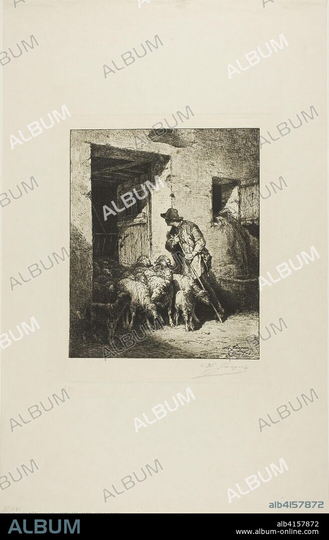 Letting the Sheep Out. Charles Émile Jacque; French, 1813-1894. Date: 1876. Dimensions: 196 × 163 mm (image); 229 × 181 mm (plate); 441 × 278 mm (sheet). Etching and aquatint on ivory wove paper. Origin: France.