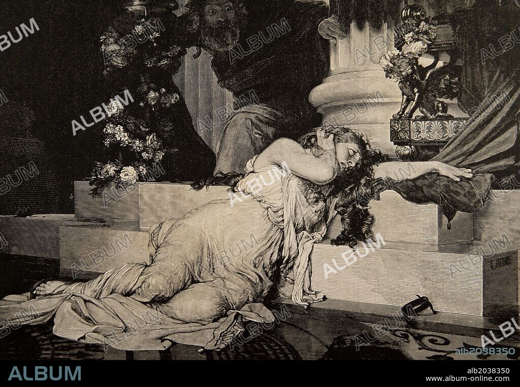 MITOLOGIA CLASICA GRIEGA. CREUSA, también llamada Glauca. Hija de Creonte, rey de Corinto. Se casó con Jasón, repudiando así a Medea. Medea se vengó entregando a la princesa una túnica y diadema envenenadas. Murieron Creusa y su padre el rey Creonte al ir a su auxilio. "Muerte de Creusa". Grabado por Knesing. "El Universo Ilustrado", año 1880.