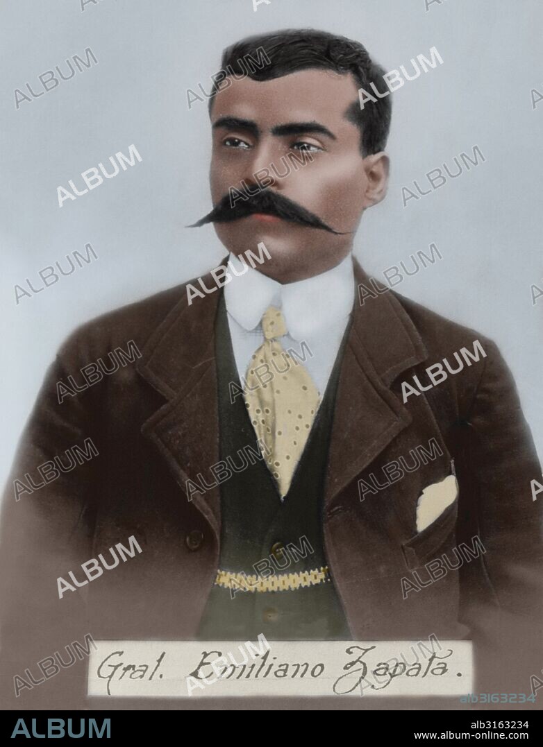 Emiliano Zapata Salazar (1879-1919). Mexican revolutionary. Portrait. Photographic reproduction. Colored.