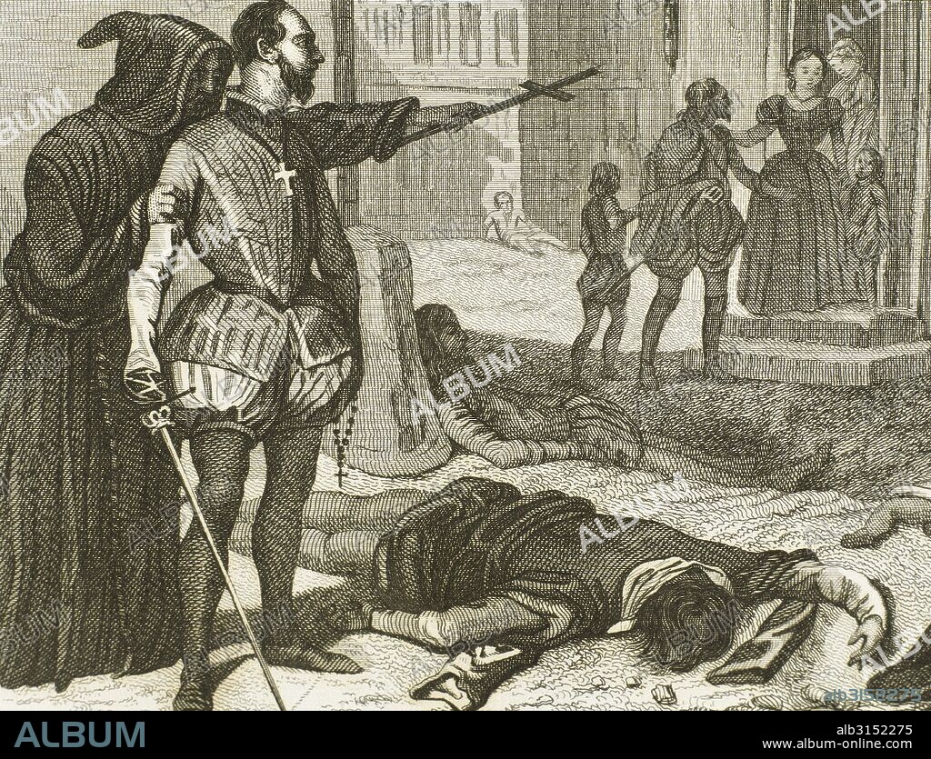 HISTORIA DE FRANCIA. "NOCHE DE SAN BARTOLOME". Matanza de cerca de veinte mil hugonotes el 24 de agosto de 1572. Grabado del siglo XIX que representa la matanza de la noche de San Bartolomé.