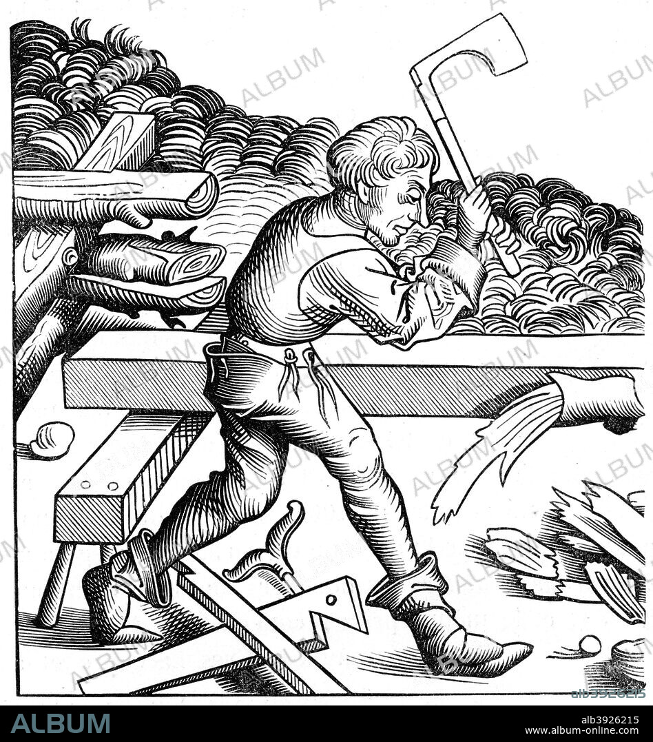 Ship carpenter, 15th century (1849). A 19th century version based on an original 15th century manuscript illustration in Chronique de Nuremberg. From Le Moyen Age et la Renaissance, by Paul Lacroix, Ferdinand Séré and A Rivaud, Volume III (Paris, 1849).