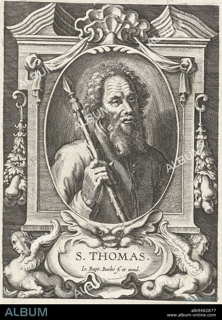 The inscription identifies this apostle as St. Tomas but this is incorrect based on the appearance and attribute. Saint Judas Taddeus is often depicted with a beard and a lance, Apostle Judas Taddeus with lance in frame with architectural ornaments S. Thomas SS. Apostolorum et Evangelistorum Icones , print maker: Jan-Baptist Barbé, (mentioned on object), intermediary draughtsman: Theodoor van Loon, publisher: Jan-Baptist Barbé, (mentioned on object), 1588 - 1648, paper, engraving, h 129 mm × w 94 mm.