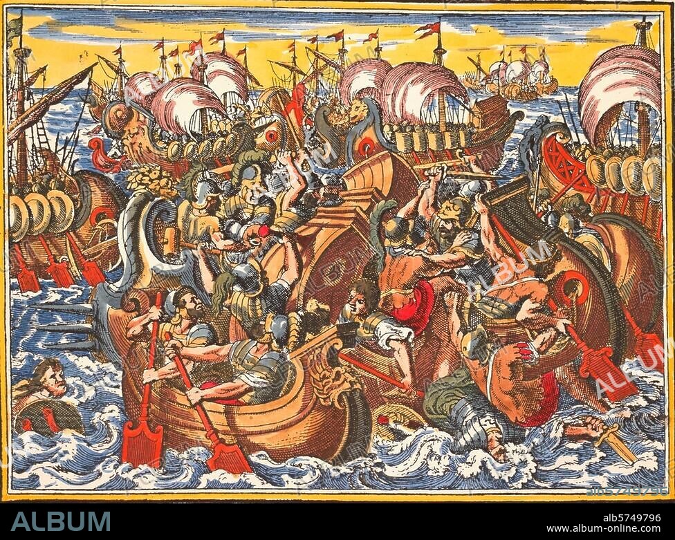 MATTHÄUS MERIAN DER ÄLTERE. Peloponnesischer Krieg / Archidamischer Krieg 431-421 v. Chr. Seesieg der Athener bei Korinth über die Flotte Spartas und Korinths 430 v. Chr. Seeschlacht bei Korinth. Kupferstich von Matthäus Merian d. Ä. (1593-1650). Aus: Joh. Ludwig Gottfried, Historische Chronica, Frankfurt a. M. (M.Merian) 1630, S. 129, spätere Kolorier.