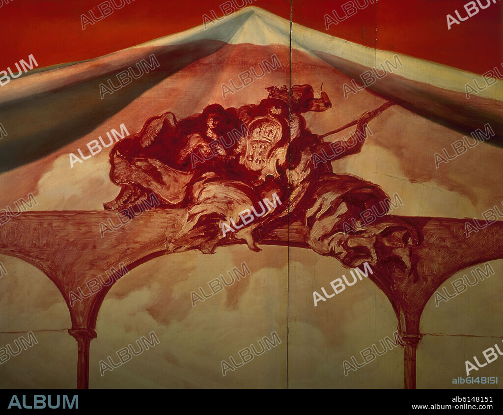 JOSEP MARIA SERT. CORRIDA DE TOROS - DETALLE - FIGURAS CON ESCUDO - TABLA CON SANGUINA LAQUEADA - 1920 - PANEL DEL SALON DE CONSEJOS DEL BANCO EXTERIOR DE ESPAÑA.