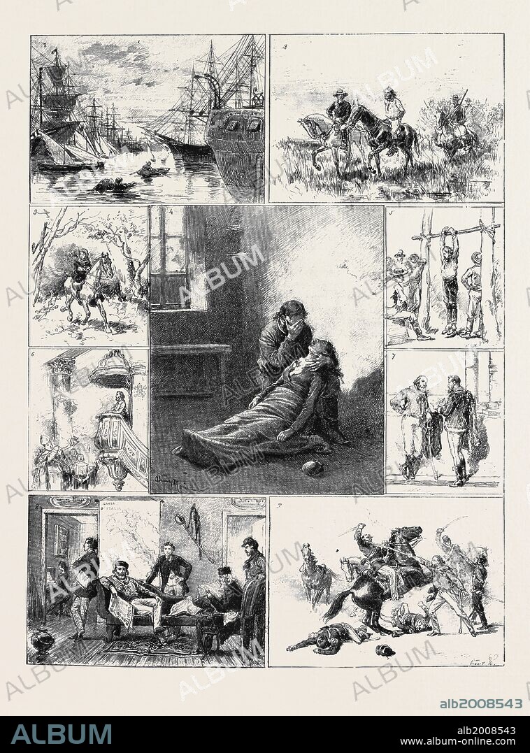 GIUSEPPE GARIBALDI: 1. Garibaldi Saves the Life of a Young Man in the Harbour at Marseilles during his Exile there after the "Affair of St. Julien," 1835; 2. Garibaldi taken Prisoner by Leonardo Millan at Gualeguay, 1837; 3. Anita Flying from the Brazilians with her Child Menotti, Sept. 28, 1840; 4. Death of Anita in a Cottage near Ravenna, 1849; 5. Garibaldi Undergoing the Torture of the Cord at Gualeguay by Order of Leonardo Millan, 1837; 6. Garibaldi at the Cathedral of Palermo: Thanksgiving Service for the Capture of Palermo from the Neapolitans, 1860; 7. Garibaldi and Kossuth; 8. Garibaldi and his Family; 9. Garibaldi and Missori Attacked by Four Dragoons During the Battle of Milazzo, 1860.