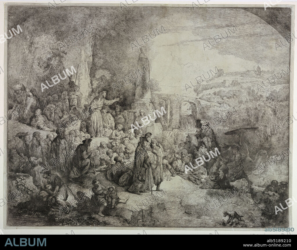 The Sermon on the Mount, Christian Wilhelm Ernst Dietrich, German, 1712 - 1774, Rembrandt Harmensz van Rijn, Dutch, 16061669, Etching on paper, Christ is seen in the left foreground with the multitude before him. In the background, a monument and a bridge spans a waterfall. Inscribed, lower right: 'Rembrandt f. / 1656'., Germany, ca. 1735, Print, Print.