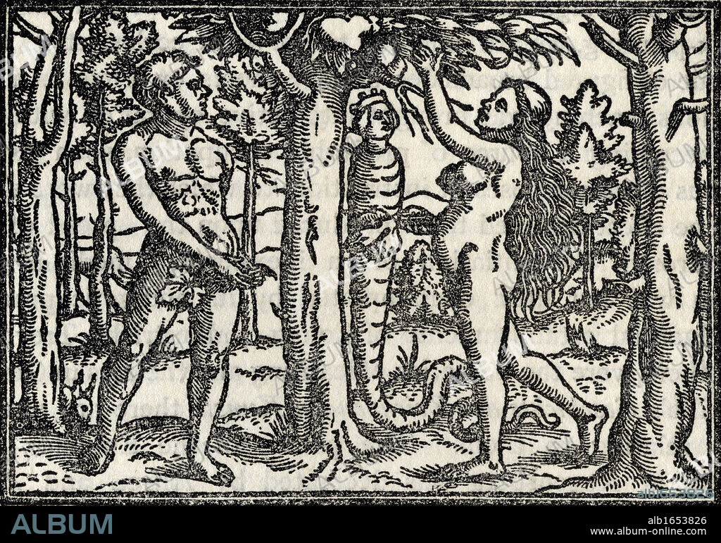 The Fall of Adam and Eve after Hans Holbein Facsimile from the bible printed by Christoffel Froschover Zurich 1531 From A Catalogue of a Collection of Engravings Etchings and Woodcuts by Richard Fisher published 1879.