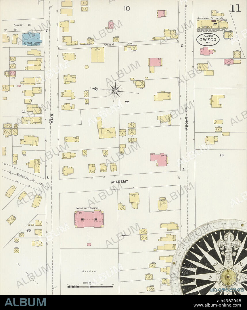 Image 11 of Sanborn Fire Insurance Map from Owego, Tioga County, New York. Feb 1898. 12 Sheet(s), America, street map with a Nineteenth Century compass.