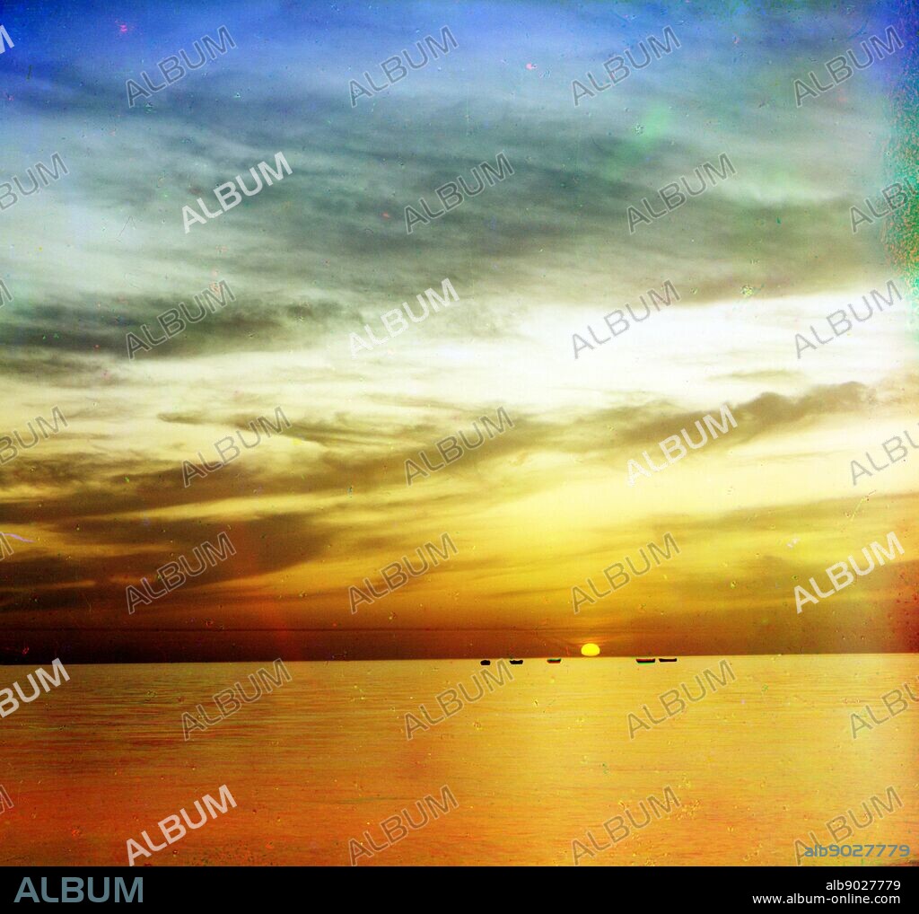 Sunset in Gagra, Russia by Sergei Mikhailovich Prokudin-Gorskii, 1863-1945. Gagra is a town in Abkhazia, sprawling for 5 km on the northeast coast of the Black Sea, at the foot of the Caucasus Mountains.