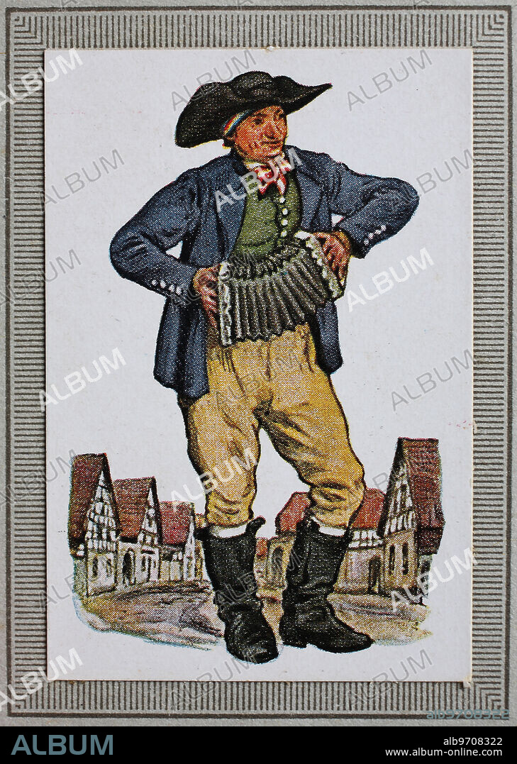 Traditional costumes in Germany in the 19th century, Thuringia, Spielmann von der Saale, historical, digitally restored reproduction of a collection picture from around 1910.