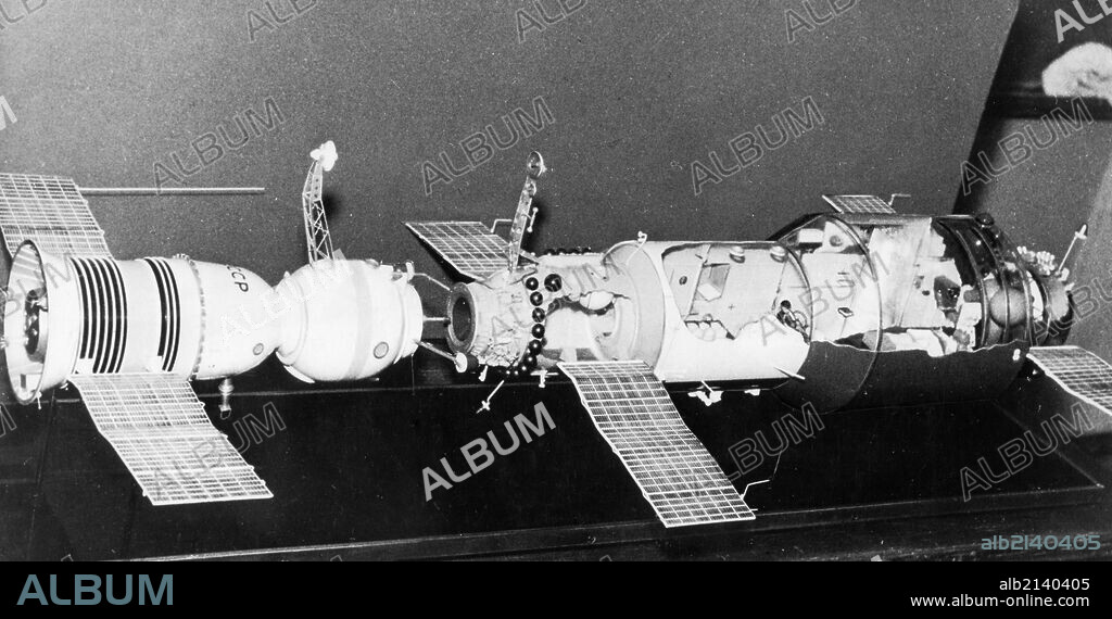A model of soyuz 11 docked with the salyut 1 space station, 1971.