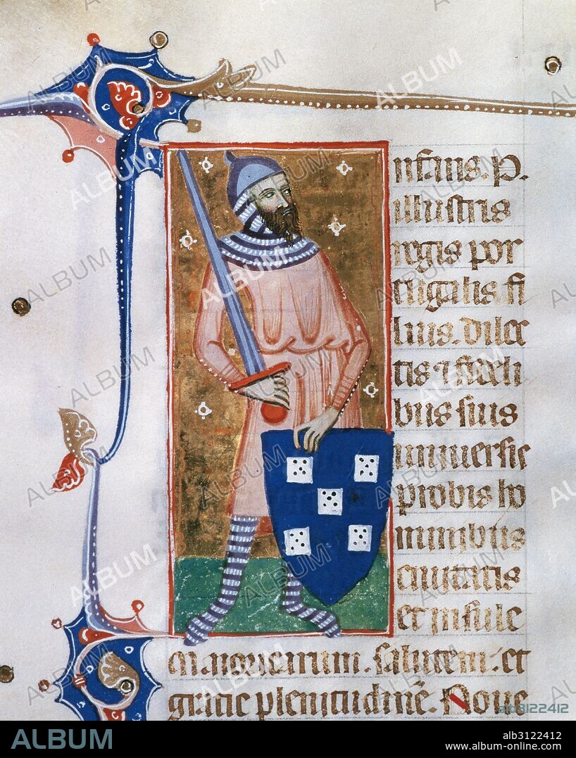 PEDRO DE PORTUGAL o PEDRO I DE URGELL (Portugal, 1187-Mallorca, 1256). Infante de Portugal y Conde de Urgell. Miniatura del folio 338 v del "Llibre de Franquicies i Privilegis del Regne de Mallorca". Código de 1334. Archivo del Reino de Mallorca. Palma de Mallorca. Islas Baleares. España.