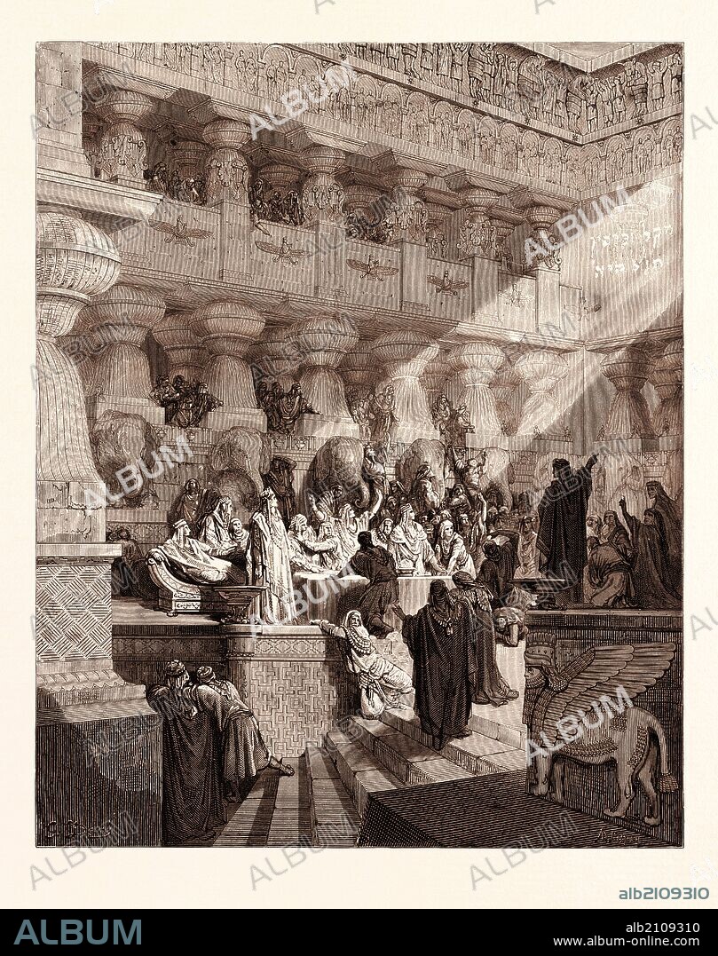 DANIEL INTERPRETING THE WRITING ON THE WALL, BY GUSTAVE DORÉ. Dore, 1832 - 1883, French. Engraving for the Bible. 1870, Art, Artist, holy book, religion, religious, christianity, christian, romanticism, colour, color engraving.
