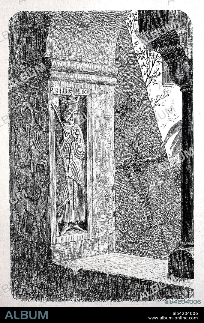 Stone portrait of Friedrich Barbarossa at the cornerstone of a window in the cloister of the Monastery of St. Zeno at Reichenhall in Bavaria, Germany, digital improved reproduction of an original from the year 1880.