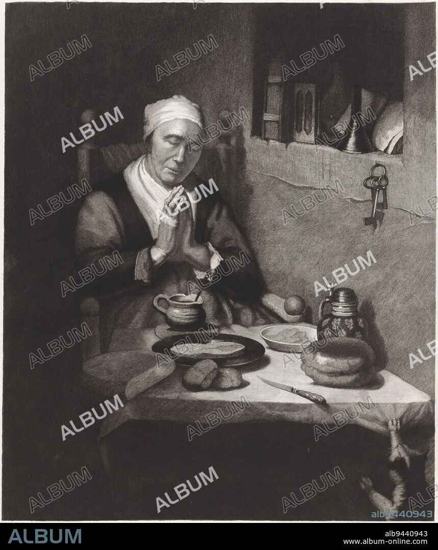 Praying old woman, Edouard Taurel, after Nicolaes Maes, 1834 - 1892, Representation known by the title 'The prayer without end'. An old woman praying with folded hands, seated at a set table with bread, cheese, a jug, a bowl and a plate with fish. To the right, a cat pulls at the tablecloth. On the right, a niche in the wall with keys, a funnel and an hourglass., print maker: Edouard Taurel, (mentioned on object), after: Nicolaes Maes, (mentioned on object), publisher: Vereeniging tot Bevordering van Beeldende Kunsten, (mentioned on object), Amsterdam, 1834 - 1892, paper, etching, engraving, h 668 mm × w 535 mm.