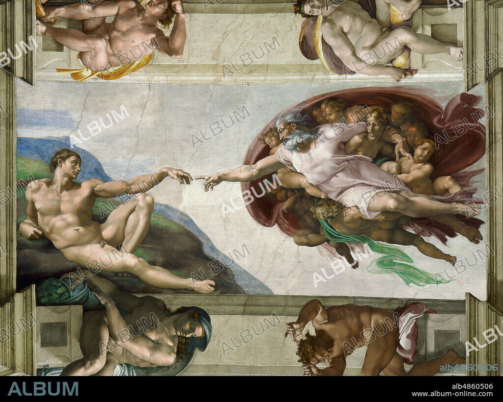 MICHELANGELO BUONARROTI. The Creation of Adam (Sistine Chapel ceiling in the Vatican).