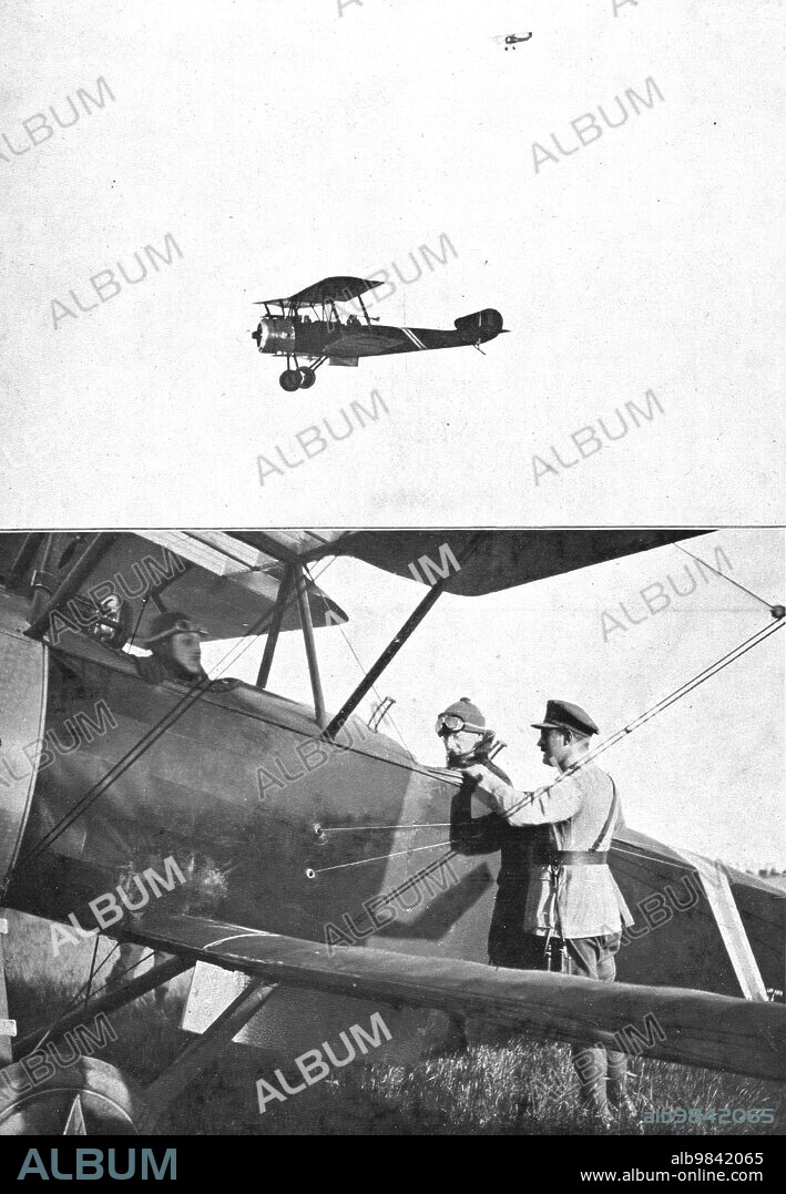 Before the Flanders Operations; King Albert leaves by plane to visit the front lines in Yser', 1917. From "L'Album de la Guerre 1914-1919, Volume 2" [L'Illustration, Paris, 1924].