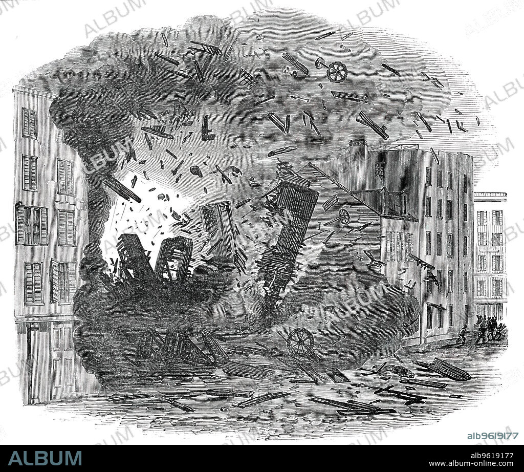 Explosion of a Steam-Boiler in Hague-Street, New York, 1850. Scene showing the '...explosion of a boiler of a steam-engine in a machine shop, crushing the building...into a vast mass of ruins in less than one minute. About fifty persons, it is said, were killed and sixty wounded, by this awful catastrophe, the building being occupied by several workmen... the whole building, which was six stories in height, was actually lifted from its foundation to a height of six feet and, when it reached that elevation, it tumbled down, crushing in its ruins a vast number...Immediately after the explosion, fire burst from the promiscuous heap of bricks and beams, and human bodies were seen with legs and arms sticking out - some of them dead, some living. The fire alarm for the district was first given, and then a general alarm, which brought the firemen from all parts of the city to the scene of desolation'. From "Illustrated London News", 1850.