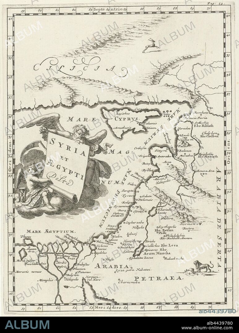 Map of Syria and Egypt Syria and Aegypti Delta (title on object), print top right: Pag: 73, maps of separate countries or regions, Syria, Egypt, Jan Luyken, 1692, paper, etching, h 275 mm × w 207 mm.