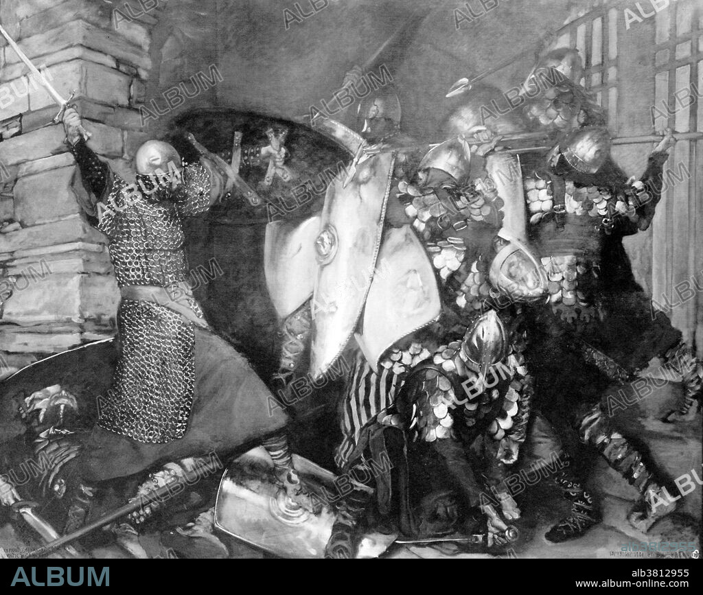 Mural depicting Sir Galahad battling against the seven Knights of Darkness to free the Virtues. Sir Galahad, in Arthurian legend, is a knight of King Arthur's Round Table and one of the three achievers of the Holy Grail. He is the illegitimate son of Lancelot and Elaine of Corbenic, and is renowned for his gallantry and purity. All of the Knights of the Round Table set out to find the Grail. Galahad for the most part travels alone, smiting his enemies, rescuing Sir Percival from twenty knights and saving maidens in distress. After many adventures, Sir Galahad presents himself at the court of King Pelles and Eliazar, his son. These men are very holy and they bring Galahad into a room where he is finally allowed to see the Holy Grail. Galahad is asked to take the vessel to the holy city of Sarras. After seeing the grail, Galahad makes request that he may die at the time of his choosing. He is visited by Joseph of Arimathea, and thus experiences such glorious rapture that he makes his request to die. Angels take Galahad to heaven; an ascension witnessed by Sir Bors and Perceval. While it is not explicit that The Holy Grail is never to be seen again on earth, it is stated (in Le Morte D'Arthur) that there has since then been no knight capable of obtaining the Sangraal. Mural created by Edwin Austin Abbey, 1902.