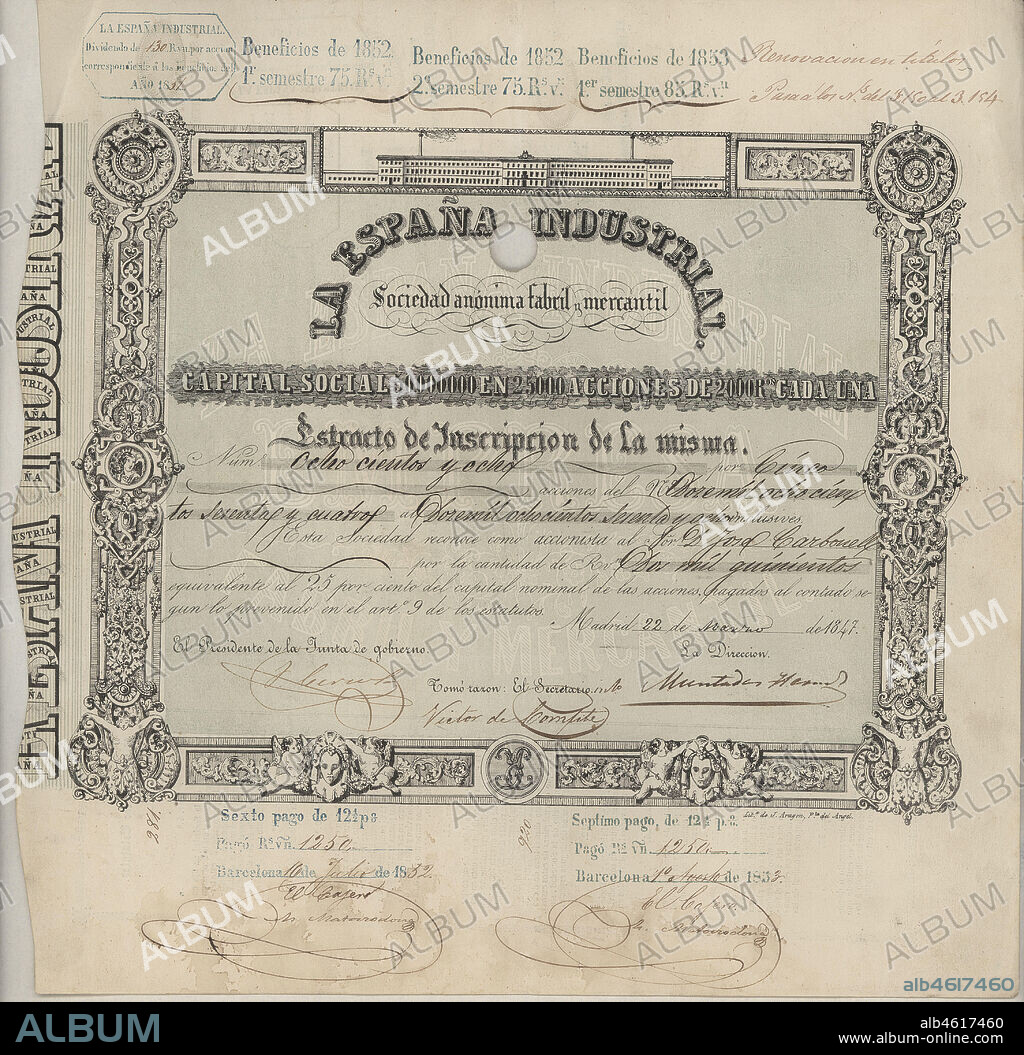 Acción nominativa de 2.000 reales de vellón emitida por La España Industrial Sociedad Anónima Fabril y Mercantil. Madrid, marzo de 1847.