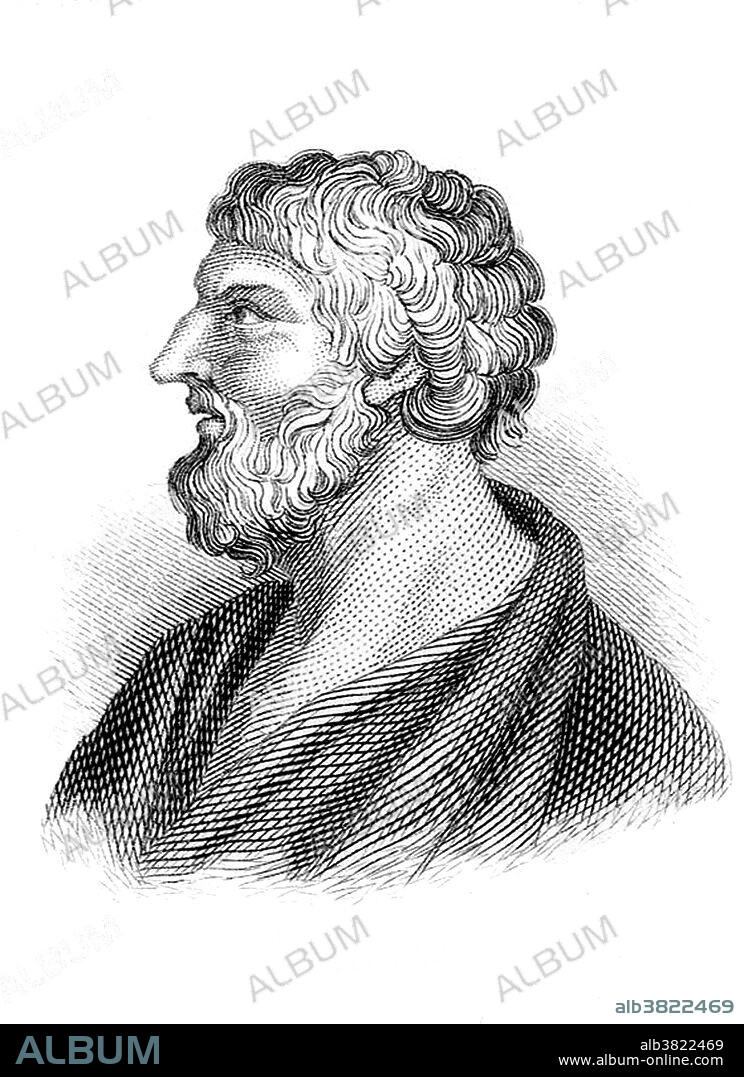 Pittacus of Mytilene (650 BC), governed Mytilene (Lesbos) along with Myrsilus and is one of the Seven Sages of Greece. He tried to reduce the power of the nobility and was able to govern with the support of the popular classes, whom he favored. When the Athenians were about to attack his city, Pittacus challenged their General to a single combat, with the understanding that the result should decide the war, and much bloodshed be thereby avoided. The challenge was accepted, and he killed his enemy with a broad sword. He was then chosen ruler of his city and governed for ten years. He is credited with the motto known today as the Golden Rule: Do not to your neighbor what you would take ill from him. Engraving by J.W. Cook, 1825.