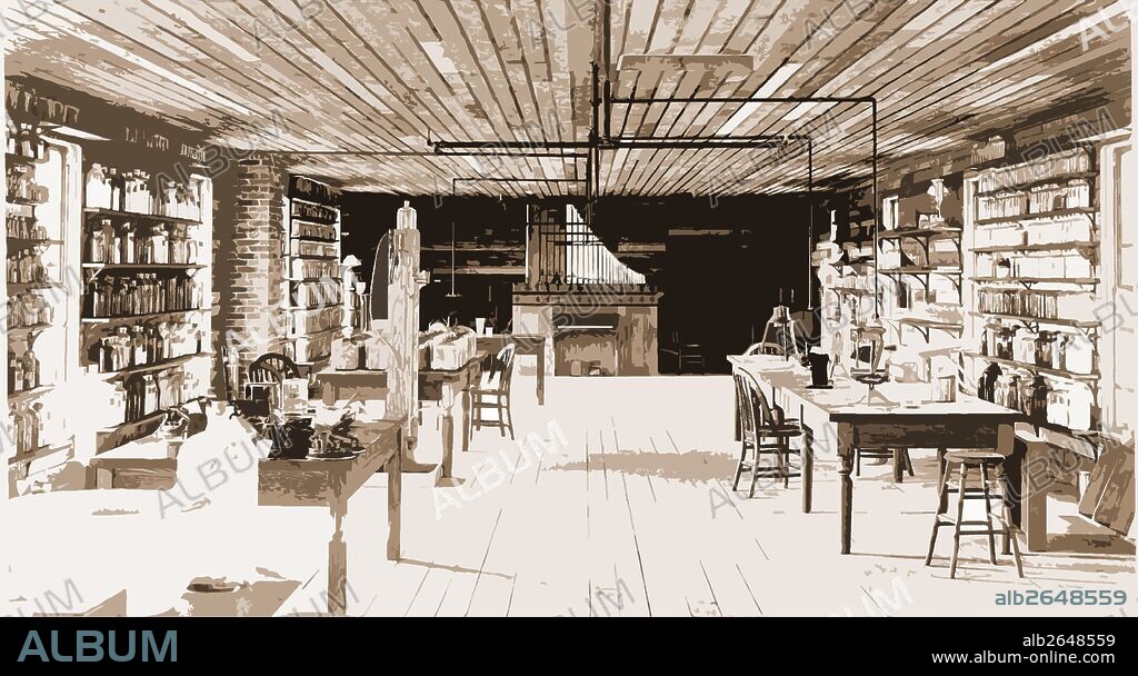 Upper floor, Edison's Menlo Park Laboratory, Dearborn, Mich, Edison, Thomas A., (Thomas Alva), 1847-1931, Homes & haunts, Laboratories, Interiors, Galleries & museums, United States, Michigan, Dearborn, 1930.