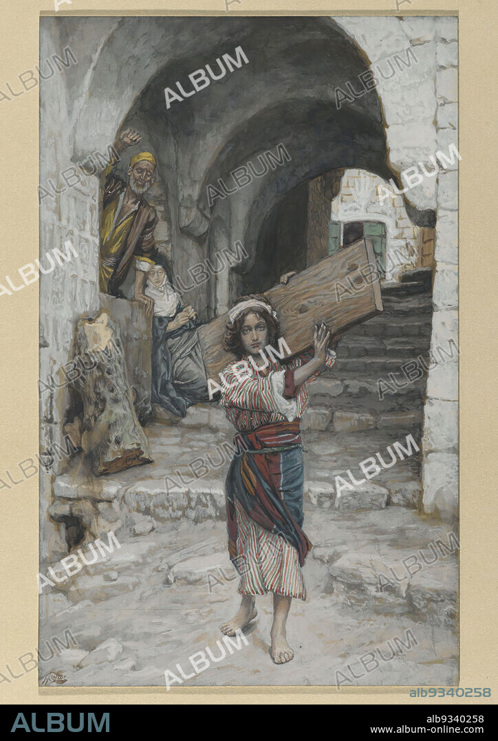 The Youth of Jesus, Jeunesse de Jésus, The Life of Our Lord Jesus Christ, La Vie de Notre-Seigneur Jésus-Christ, James Tissot, French, 1836-1902, Opaque watercolor over graphite on gray wove paper, France, 1886-1894, Image: 8 13/16 x 5 9/16 in., 22.4 x 14.1 cm, barrel vault, board, carpenter, carpentry, Christ, Christianity, foreshadowing, Gospel Harmony, Jesus, Joseph, Life of Christ, Luke 2:51-52, Mary, New Testament, Painting, passage, plank, religion, stairs, Tissot, tunnel, village, walking, wood, wood grain, work, young, young man, youth.