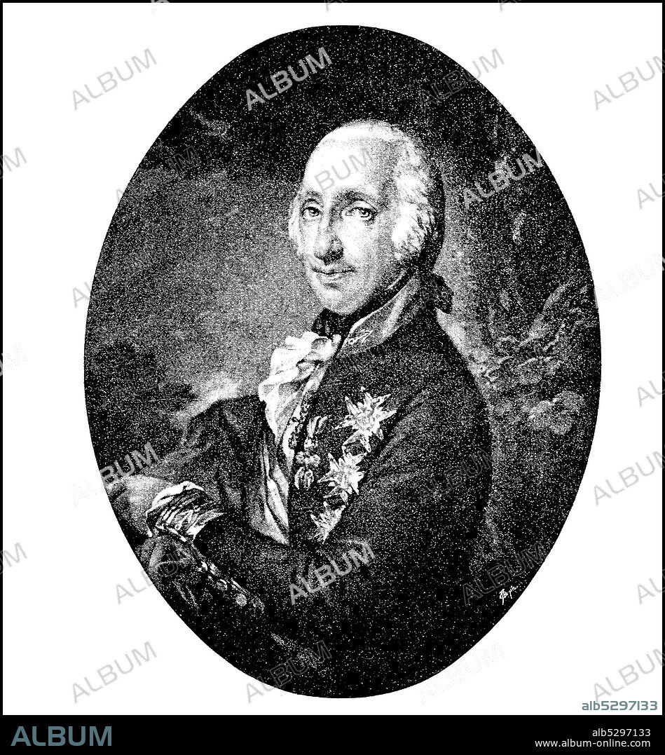 Ferdinando Antonio Pasquale Giovanni Nepomuceno Serafino Gennaro Benedetto de Bourbon, January 12, 1751 - January 4, 1825, was Infante of Spain and Ferdinand IV King of Naples, Ferdinand III.. King of Sicily, and when Ferdinand I. King of the Two Sicily  /  Ferdinando Antonio Pasquale Giovanni Nepomuceno Serafino Gennaro Benedetto von Bourbon, 12. Januar 1751 - 4. Januar 1825, war Infant von Spanien und als Ferdinand IV. König von Neapel, als Ferdinand III. König von Sizilien, und als Ferdinand I. König beider Sizilien, Historisch, historical, digital improved reproduction of an original from the 19th century / digitale Reproduktion einer Originalvorlage aus dem 19. Jahrhundert,.