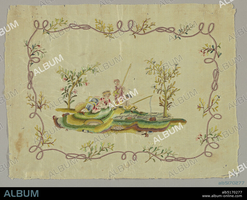 Bag face, Medium: silk Technique: satin, chain and knot stitch embroidery, At center, a young man and woman fishing, a lady reclining and a man lying beside her, face down. Faces, hair and hats are painted. The scene is framed by delicate twining ribbons with foliage., France, midlate 18th century, embroidery & stitching, Bag face.