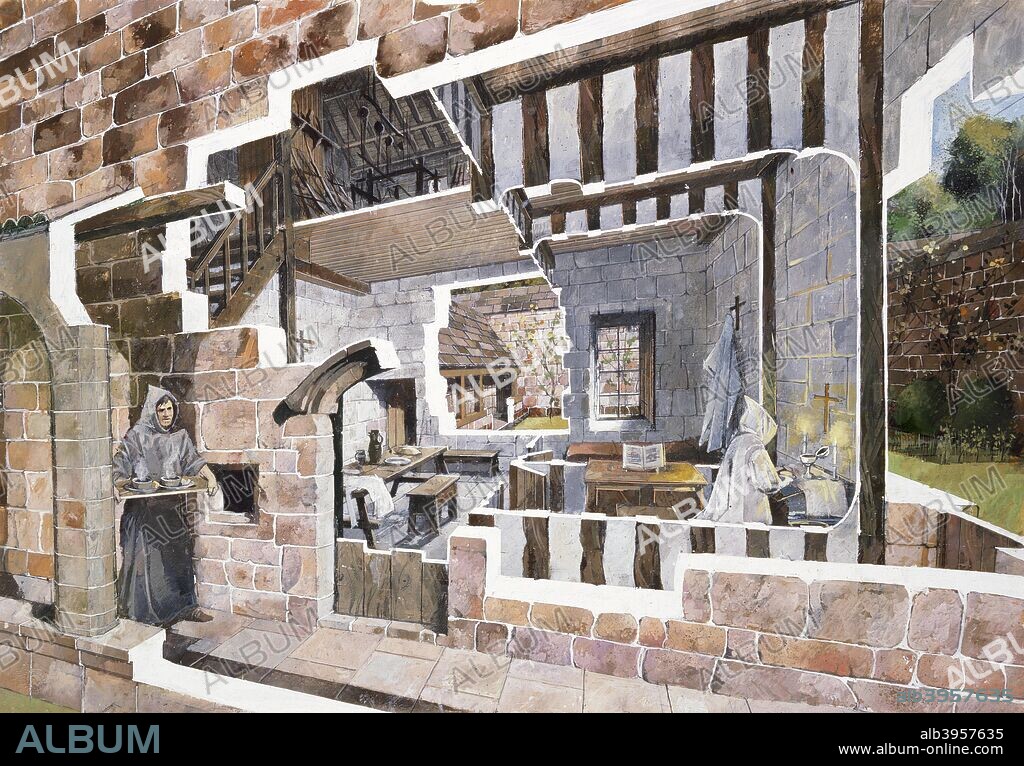 Monk's cell, Mount Grace Priory, c15th century, (c1990-2010). Cutaway reconstruction drawing of monks cells. Mount Grace Priory, in the parish of East Harlsey, North Yorkshire, England, one of ten medieval Carthusian houses (charterhouses),  founded in 1398 by Thomas Holland, 1st Duke of Surrey.