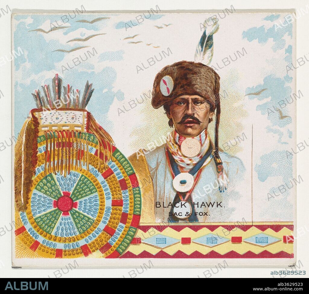 Black Hawk, Sac & Fox, from the American Indian Chiefs series (N36) for Allen & Ginter Cigarettes. Dimensions: Sheet: 2 7/8 x 3 1/4 in. (7.3 x 8.3 cm). Publisher: Issued by Allen & Ginter (American, Richmond, Virginia). Date: 1888.
Trade cards from the "American Indian Chiefs" series (N36), issued in 1888 in a set of 50 cards to promote Allen & Ginter brand cigarettes. Series N36 reproduces the cards from N2 in a larger size.