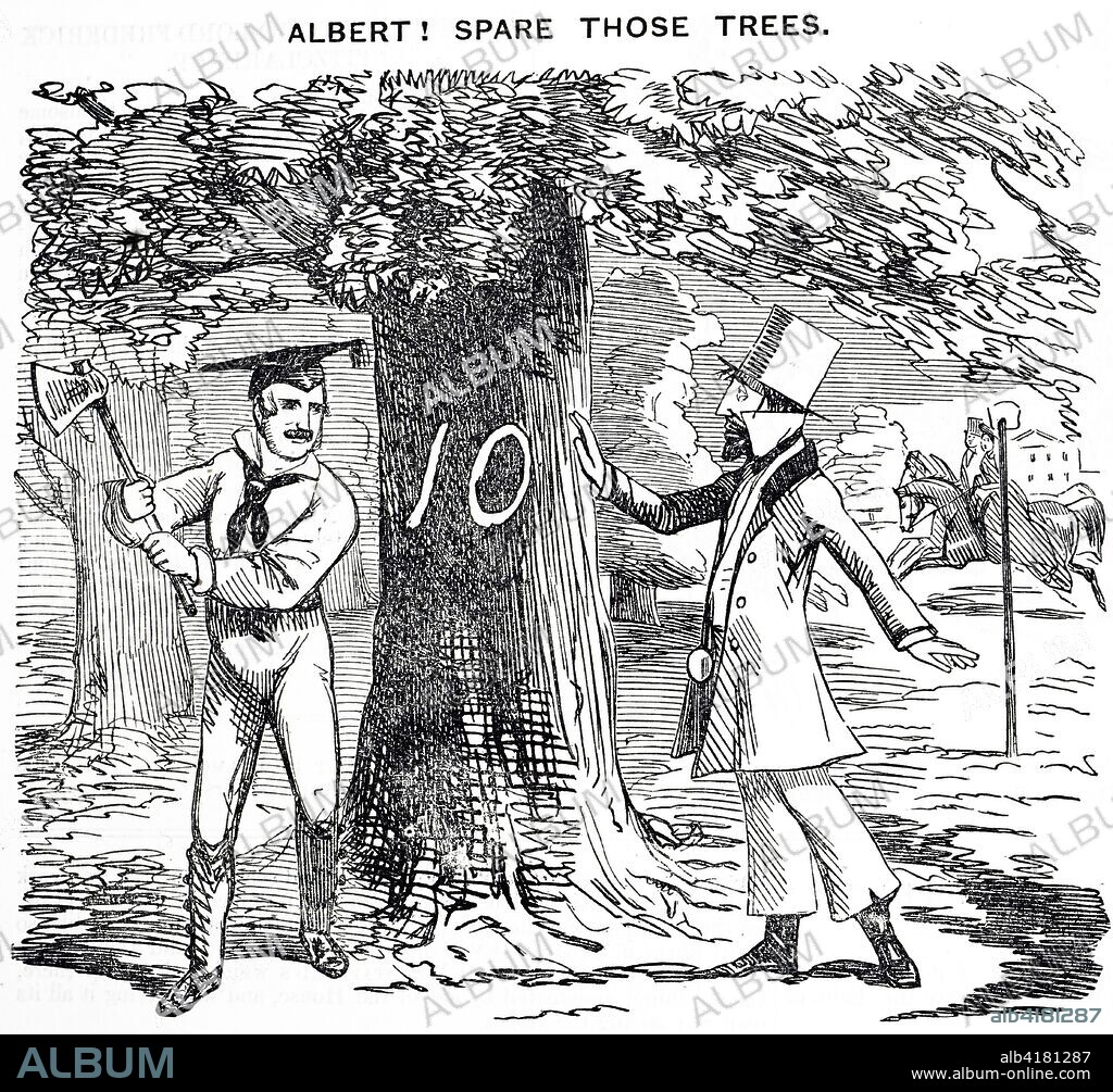 Cartoon depicting Prince Albert being urged to think before felling trees in Hyde Park to make way for the Crystal Palace and the Great Exhibition of 1851. Dated 19th century.