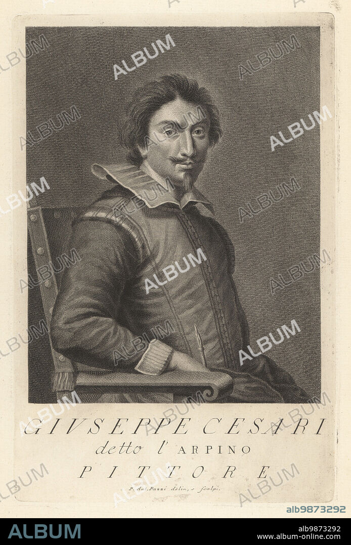 Giuseppe Cesari, Italian Mannerist painter, 1568-1640. Also called Il Giuseppino and Cavaliere d'Arpino when knighted by his patron Pope Clement VIII. In doublet and collar seated in a chair holding a pen. Detto l'Arpino, Pittore. Copperplate engraving drawn and engraved by Pietro Antonio Pazzi after a self portrait by the artist from Francesco Moucke's Museo Florentino (Museum Florentinum), Serie di Ritratti de Pittori (Series of Portraits of Painters) stamperia Mouckiana, Florence, 1752-62.
