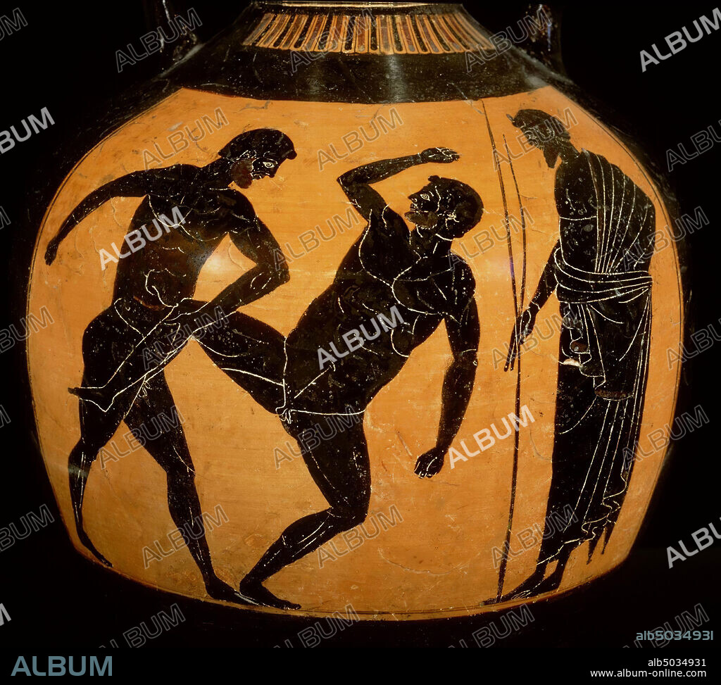 Attic black-figure panathenaeic amphora. Decoration of A. Athena Promachos and B. 2 wrestlers with referee (sport scene) Kleophrades Painter (Epiktetos II) Attic black-figured Panathenaian amphora with decoration in panels on the front and back. A: Panathenaic Athena between two Doric columns with cocks. For the goddess, along the column the stereotype inscription TON ATHENETHEN ATHLON. B: Two pankrati, vase, amphora, panathenaic amphora, pottery, blackfine, Attic, 64.5 cm, blackfine, Attic, Kleophrades Painter (Ep 490-490 BC, Italy, Greece.