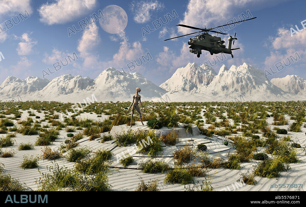 An AH-64 Apache Black Ops helicopter flying to a UFO landing site. The spacecraft is camouflaged into the desert landscape and an alien crewmember seems to be waiting for the helicopters arrival.