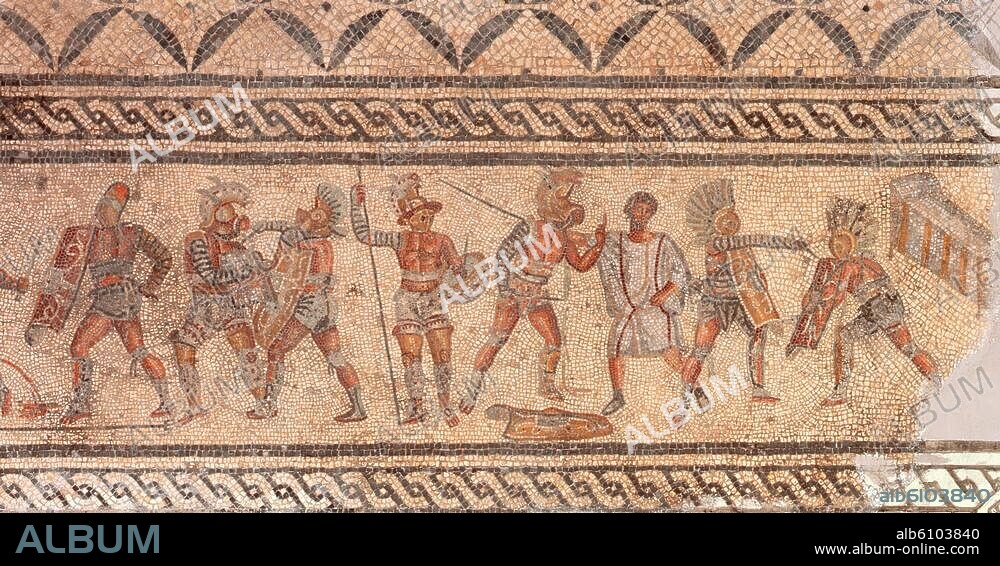 Roman, 3rd century.-Gladiator fights, detail fr.l.t.r.: fighting Samnites, Thraex, Samnite and umpire, fighting Samnites.-Upper frieze of a floor with marine fauna emblemata. Mosaic, length of the frieze 250 cm. From the villa Dar Buc Amera (Zliten), near Leptis Magna (Tripolitania, Libya).