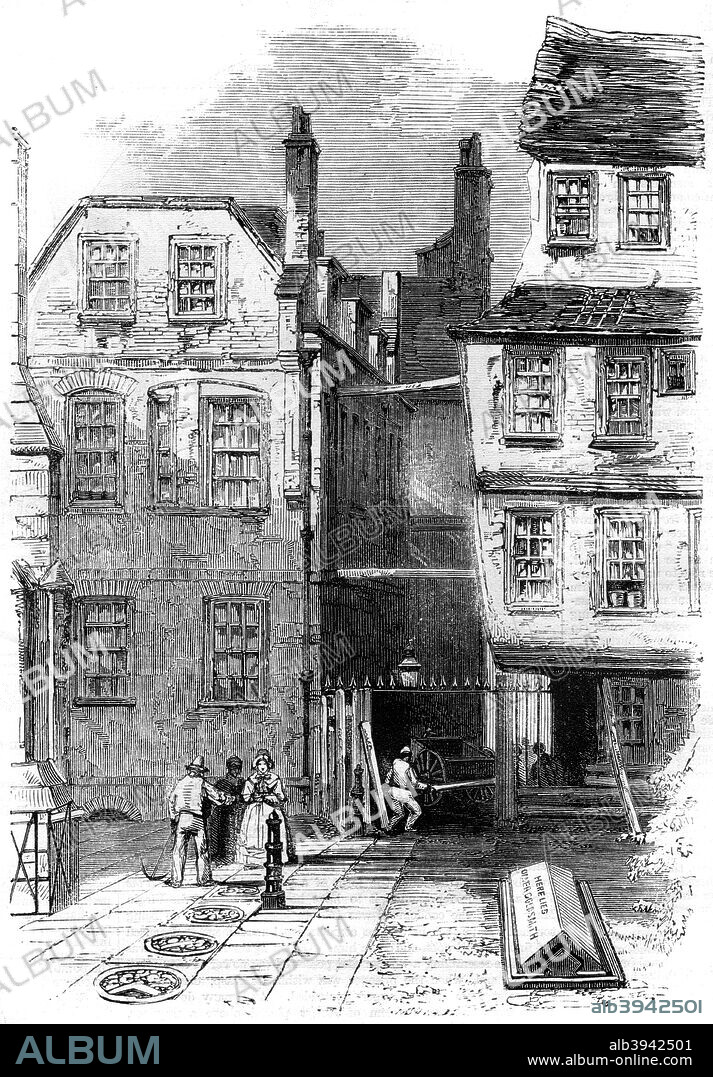 Ancient houses in the Temple, and the grave of Oliver Goldsmith, London, 1860. Irish-born British playwright, poet and novelist Goldsmith (1730-1774) is best remembered for the novel The Vicar of Wakefield (1766), the poem The Deserted Village (1770), and the play She Stoops to Conquer (1773).A print from The Illustrated London News, 11th August 1860.