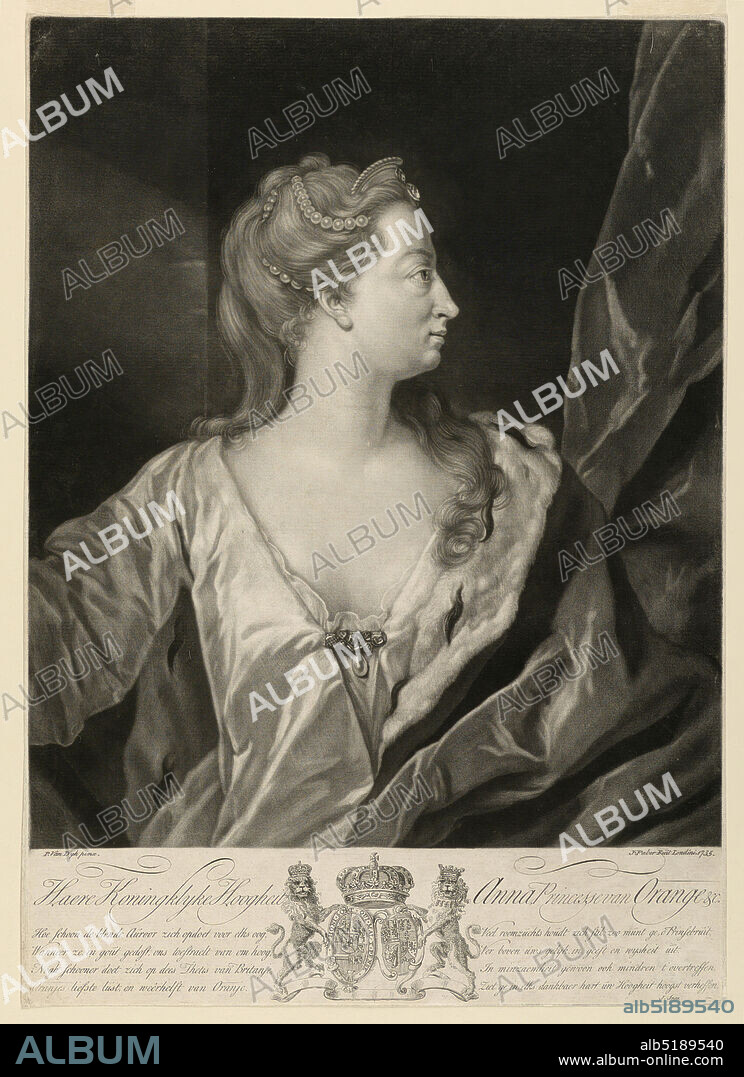 Anne, Princess of Orange, John Faber the younger, Dutch, active England, ca. 1695 - 1756, Philip van Dijk, Dutch, 1680 - 1753, Mezzzotint engraving in dark brown ink on paper, Facing frontally, her gaze directed to the right, Anne, Princess of Orange (1709-1759) is shown with pearls entwined in her hair and an ermine robe over her left shoulder; curtain to right., England, 1735, Print, Print.