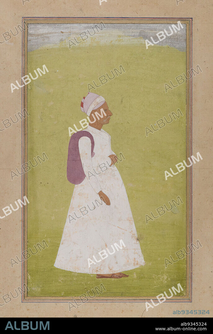 An Old Man, Indian, Opaque watercolor on paper, Jodhpur, Marwar, Rajasthan, India, ca. 1730, sheet: 9 3/8 x 5 7/16 in., 23.8 x 13.8 cm, green, man, marwar, monke, Paper, perfile, portrait, Rajasthan, regal, Watercolor, white.